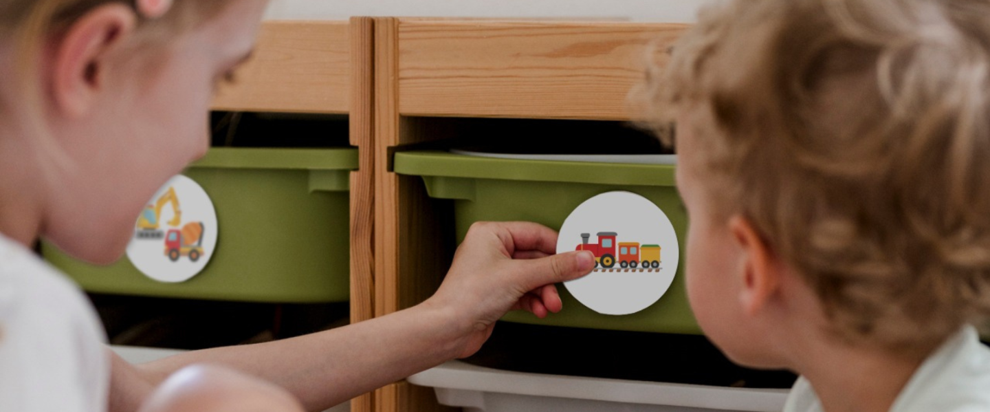 Kinder kleben Ordnungssticker auf die Schubladen auf